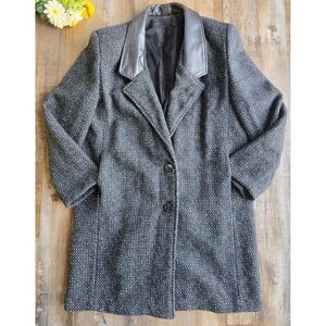 Vintage Havoc Blazer Jacket Genuine Leather Collar Gray Tweed Coat Size‎ 12 90s